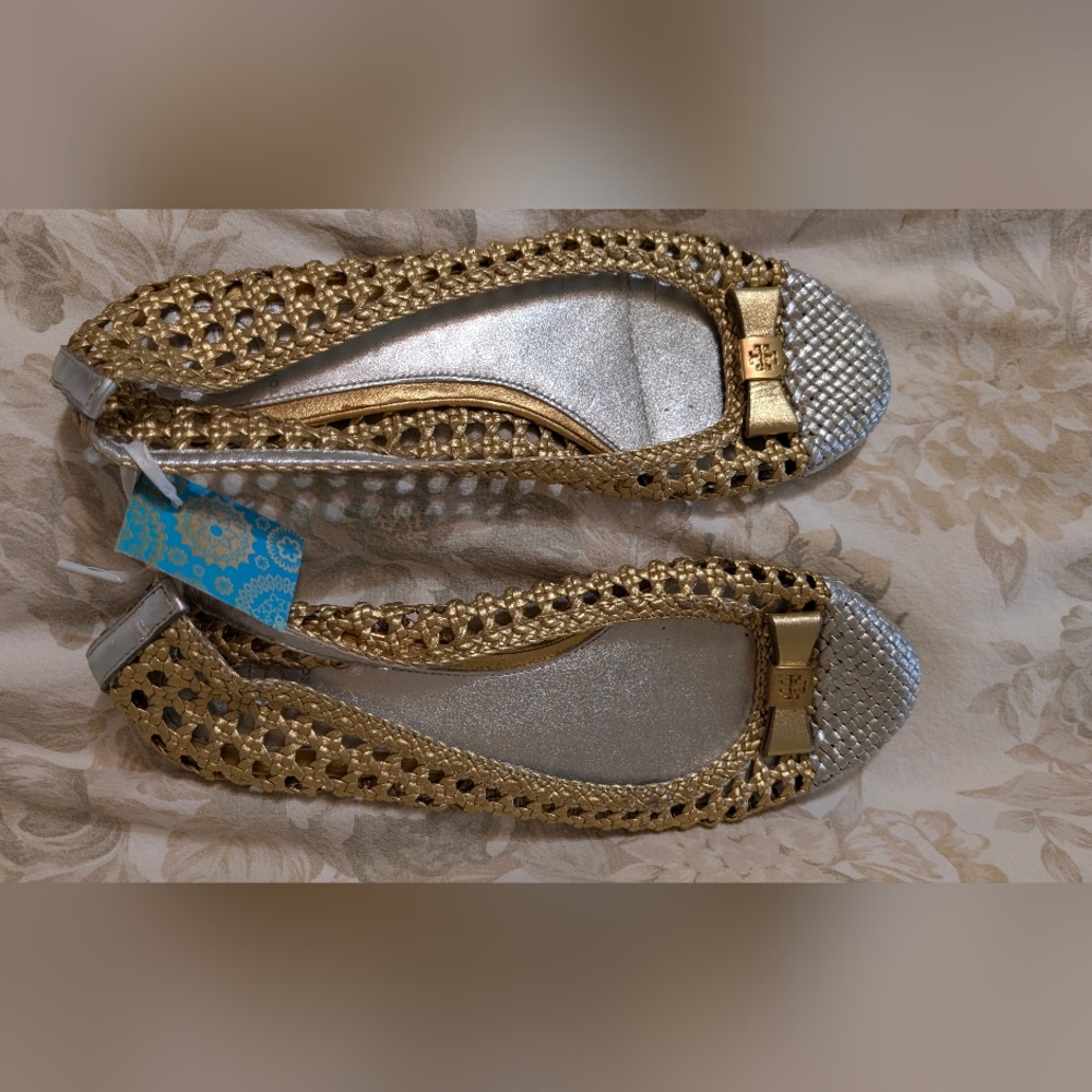 Gold Woven Ballet Flats with Metallic Toe and Bow